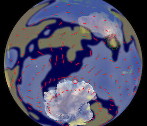 Figure showing atmospheric moisture and wind patterns from meteorological data, for years with high snowfall at Law Dome (circled).