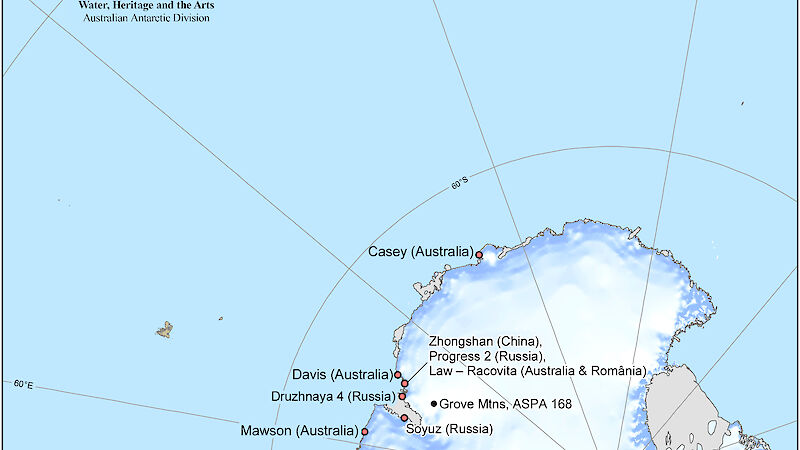 Map showing the sites inspected by Australian officials under Article VII of the Antarctic Treaty.