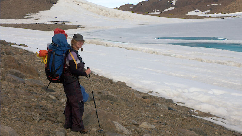 Jo at the transition area from a saltwater inlet to freshwater lake on way to Dobrawolski/Oasis station.