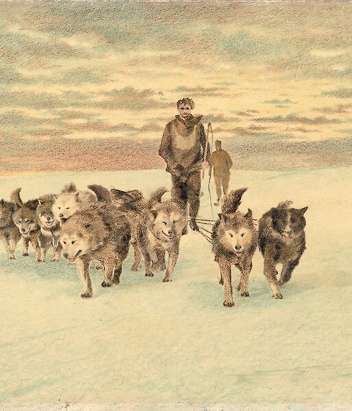 A painting of huskies by artist J. Van Waterschoot Van Der Gracht