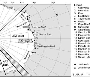 Map of locations of confirmed and unconfirmed colonies of emperor penguins in the Australian Antarctic Territory (AAT).
