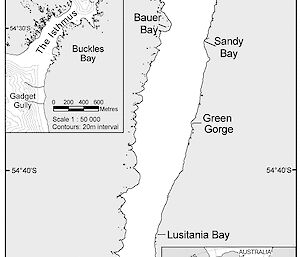 Map of location of past and present king penguin colony sites on Macquarie Island.