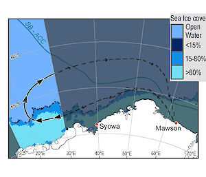 Map showing expected Adélie penguin travel route for Béchervaise Island