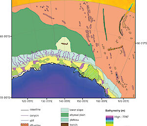 A large-scale map of the Antarctic continental margin and ocean basins showing large, geomorphic features including seamounts, deep canyons, ridges and plains.