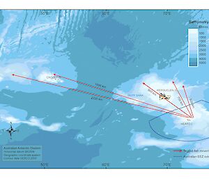 Map showing the movement of Patagonian toothfish outside Australia’s Exclusive Economic Zone, deduced from tag data.
