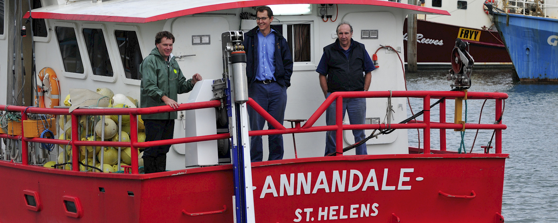 The bait launcher on the stern of the F/V Annandale leaving Mooloolaba with engineers preparing for sea trials