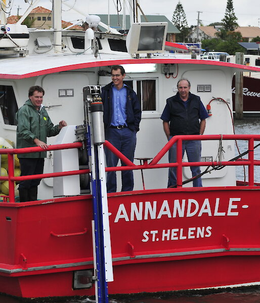 The bait launcher on the stern of the F/V Annandale leaving Mooloolaba with engineers preparing for sea trials