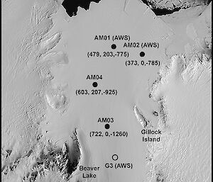 Location of boreholes and an automatic weather station (AWS) on the Amery Ice Shelf.