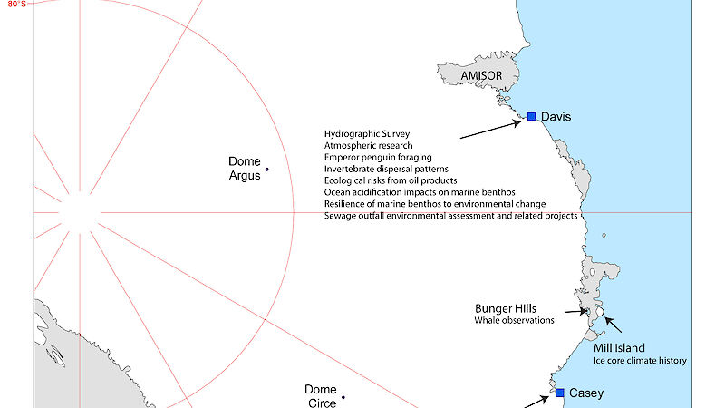 Map showing the location of Antarctic science season projects for 2009–10