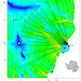 The flight tracks of the 2009 ICECAP season radiating out from Casey over the Aurora Subglacial Basin and the Totten Glacier and superimposed on computer modeling of ice sheet flow; from very low flows in blue to major glacial flows in yellow and red.