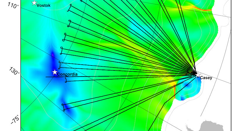 The flight tracks of the 2009 ICECAP season radiating out from Casey over the Aurora Subglacial Basin and the Totten Glacier and superimposed on computer modeling of ice sheet flow; from very low flows in blue to major glacial flows in yellow and red.