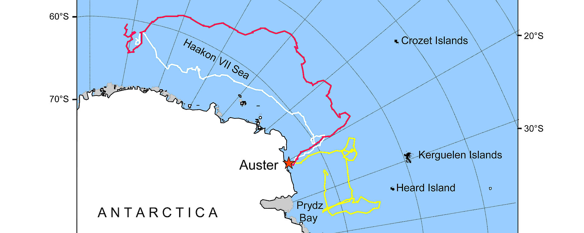 Map showing three of the longest tracks recorded of young emperor penguins on their first foraging trip, during the Auster study in 2006–07.