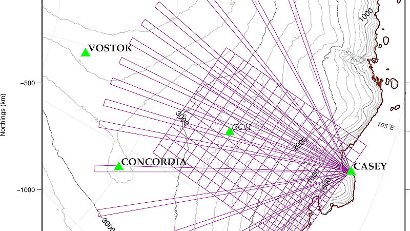 This map shows the proposed flight lines for the ICECAP project campaign based at Casey.