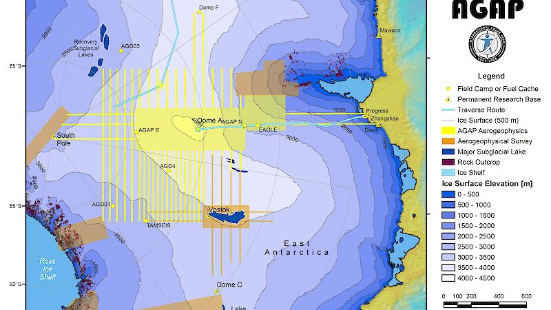 A map of the AGAP survey region showing the north and south camps and aerogeophysical survey regions.