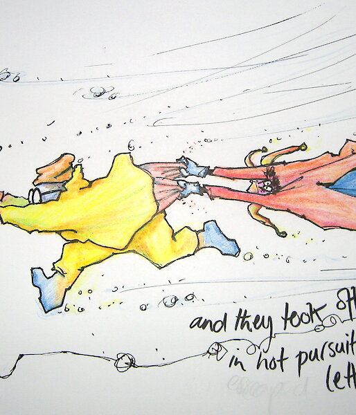 Cartoon showing expeditioners losing a lettuce in the wind.