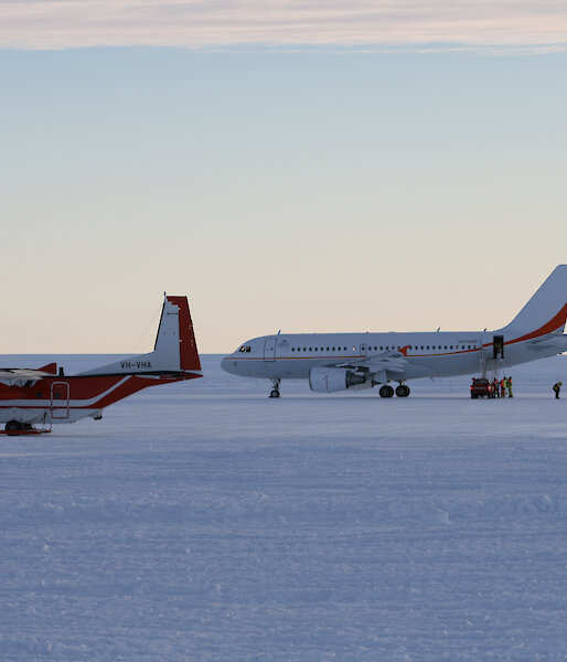 The Airbus A319 and C212 at Wilkins Runway in Antarctica