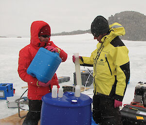 Rick Cavicchioli (left) and Torsten Thomas, from the UNSW, process microbial samples collected at Ace Lake.