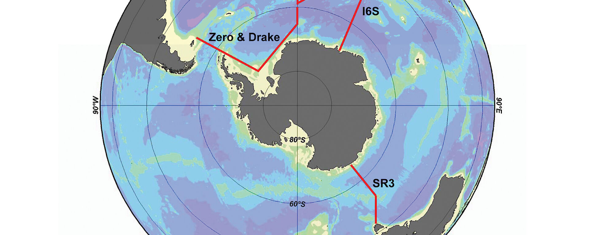 Southern Ocean transects occupied during the International Polar Year superimposed on world map