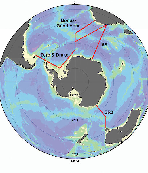 Southern Ocean transects occupied during the International Polar Year superimposed on world map