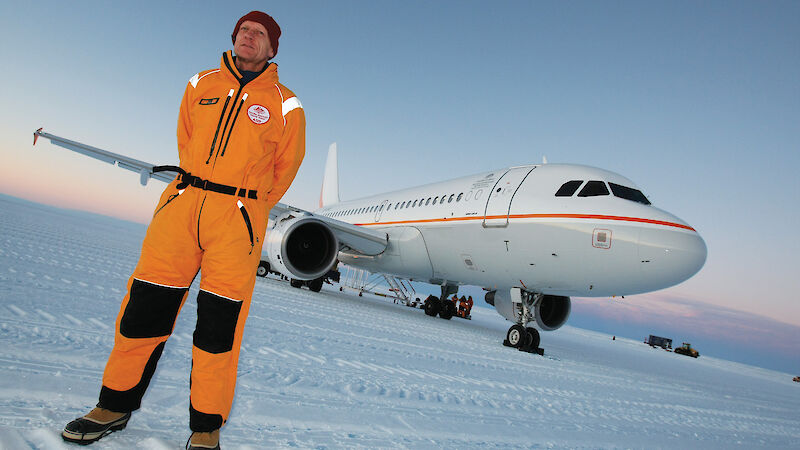 Federal Environment Minister, Peter Garrett, in Antarctica after the first passenger flight