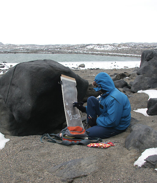 Nick paints on the beach near Brookes Hut in the Vestfold Hills