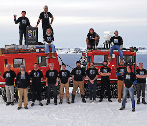 Casey expeditioners standing on a hagglund wearing Earth Hour t-shirts