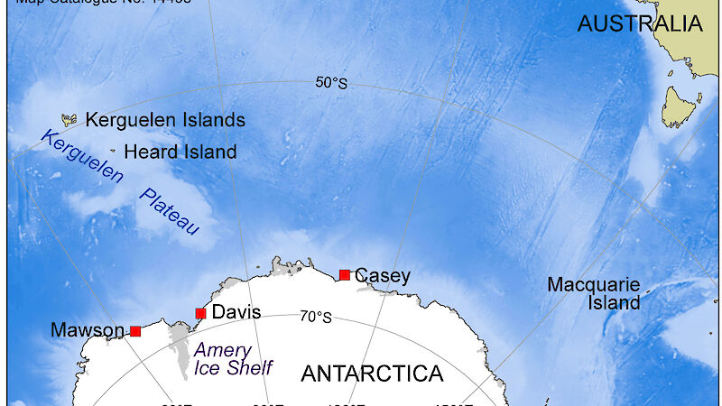 A map showing the location of the Kerguelen Plateau and East Antarctica.