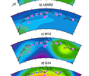 Graphic showing present-day bedrock uplift rates from different models.