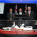 Antarctic Division Director Dr Nick Gales, Environment Minister Greg Hunt and Prime Minister Malcolm Turnbull, with the scale model of Australia’s new icebreaker.