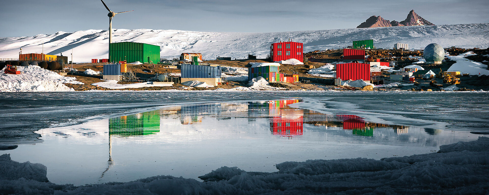 View of Mawson station from the ocean.