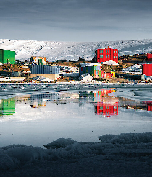 View of Mawson station from the ocean.