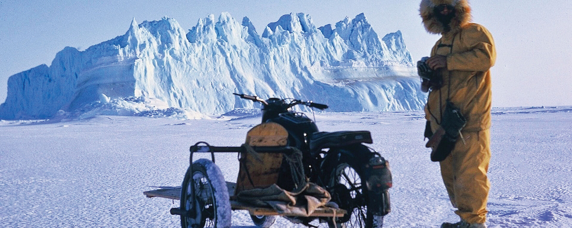 Don Seedsman and the Triumph 650 cc near Mawson in 1964. The bike was originally taken south by ‘Snow’ Williams in 1962.