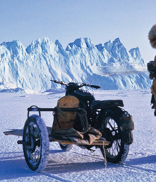 Don Seedsman and the Triumph 650 cc near Mawson in 1964. The bike was originally taken south by ‘Snow’ Williams in 1962.