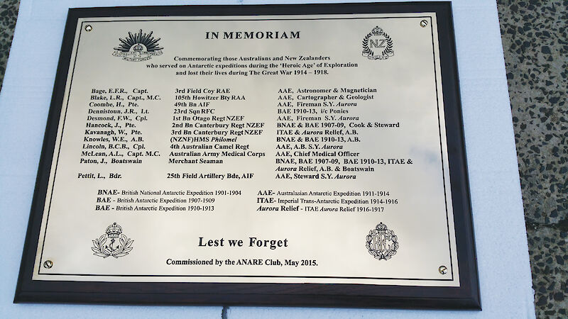 The Memorial Board commissioned by the ANARE Club is now on display at the Australian Antarctic Division.