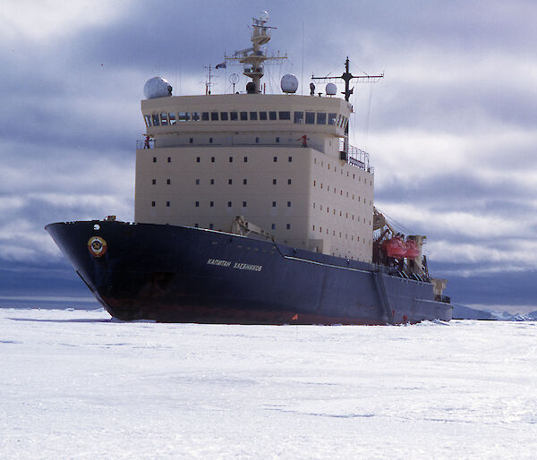 The Kapitan Khlebnikov Icebreaker anchored against sea ice off Davis