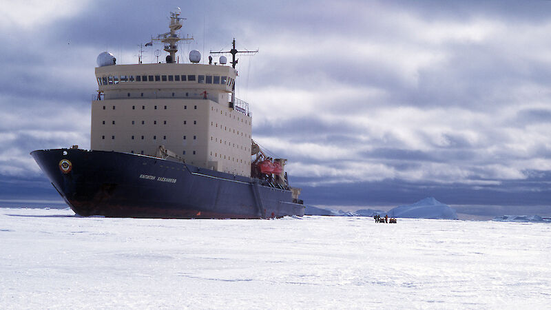 The Kapitan Khlebnikov Icebreaker anchored against sea ice off Davis
