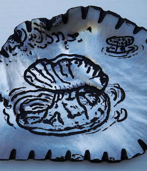 This artwork by Stephen Eastaugh combines his Antarctic experiences with northern Australian pearl shells.