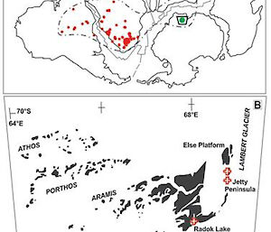 Map detailing the various locations of Antarctic kimberlites