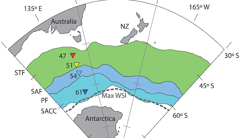 Map detailing the fronts and regions of the Southern Ocean and the location of the sediment traps deployed in 1997 for the 10 year time series