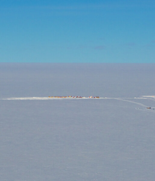 The remote Aurora Basin North ice core drilling camp, showing the groomed aircraft landing strip