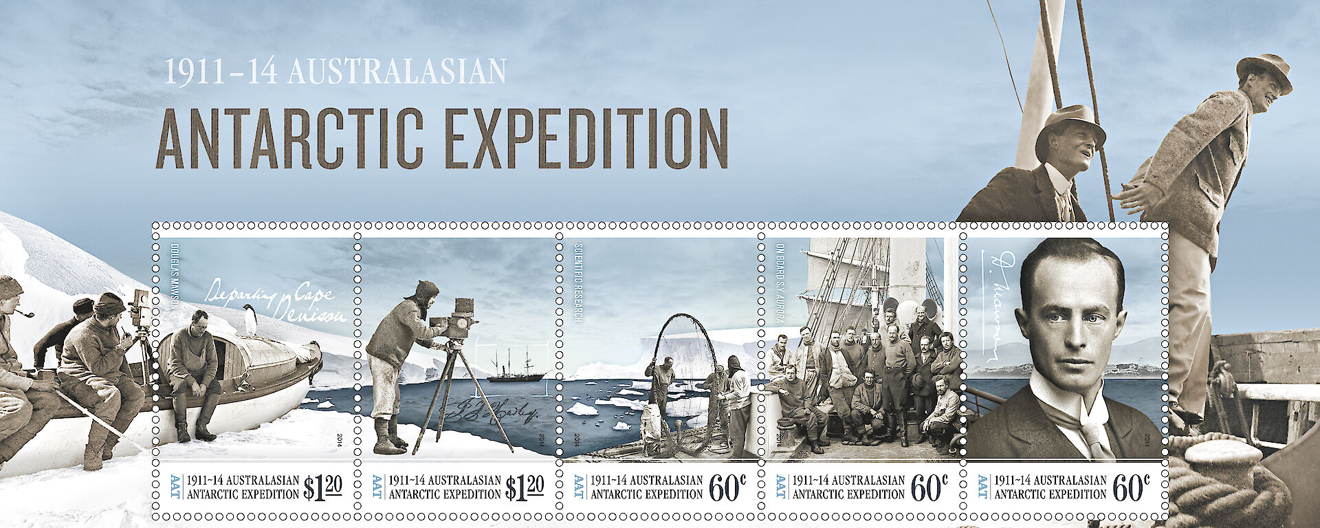 This Australia Post stamp issue, released in February 2014, is the last in a four-year series commemorating the Australasian Antarctic Expedition