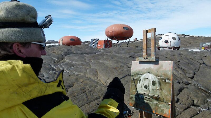 John painting the field huts on Béchervaise Island near Mawson