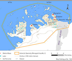 A map showing the boundary of the Larsemann Hills Antarctic Specially Managed Area