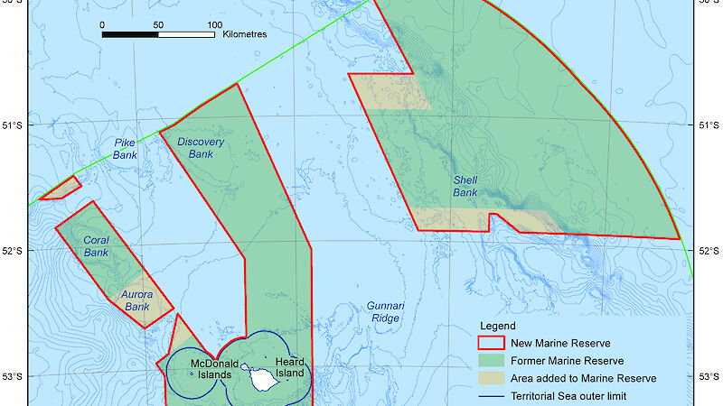 Map detailing areas added to the existing Heard Island and McDonald Islands Marine Reserve in March 2014