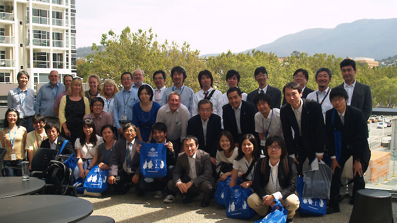 Japanese scientists from the Umitaka Maru meeting with Australian scientists in Hobart