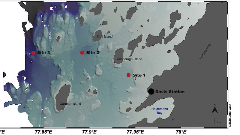 This map shows the location of Nick’s three seawater sample sites in Prydz Bay.