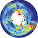 A map of Antarctica showing corrected concentrations of phytoplankton chlorophyll observed by satellites in the Southern Ocean averaged over summer from 2002 to 2012. Red and yellow indicates regions of high chlorophyll and blue indicates regions of low chlorophyll.