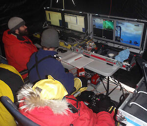 The Remotely Operated Vehicle team operating the ROV from inside their tent.