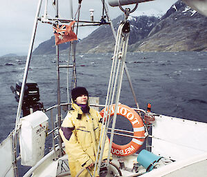 Barbara sailing through the Beagle Channel on the way to Diego de Almagro on a yacht chartered especially for the expedition (2001)