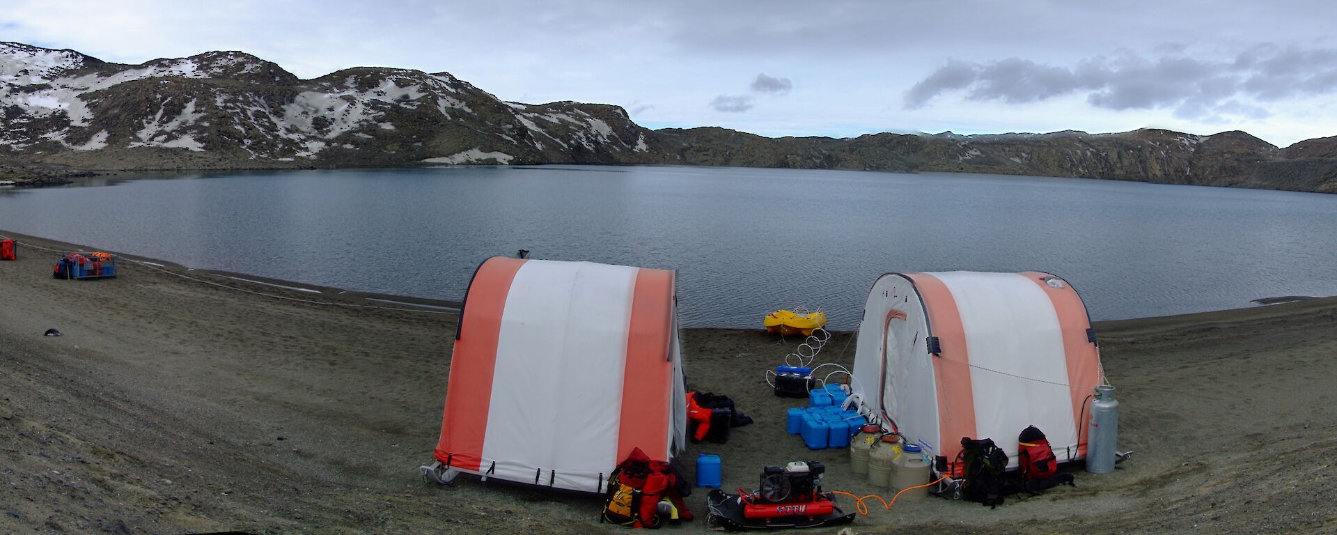 A panorama of the Deep Lake campsite where the University of New South Wales scientific team discovered a community of promiscuous haloarchaea.